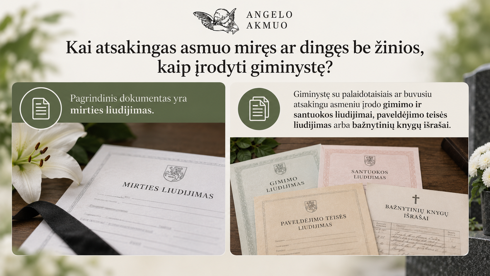 Infografikas apie giminystės įrodymą, kai už kapavietę atsakingas asmuo yra miręs ar dingęs be žinios. Pagrindinis dokumentas – mirties liudijimas, o giminystę galima įrodyti gimimo, santuokos, paveldėjimo teisės liudijimais arba bažnytinių knygų išrašais.
